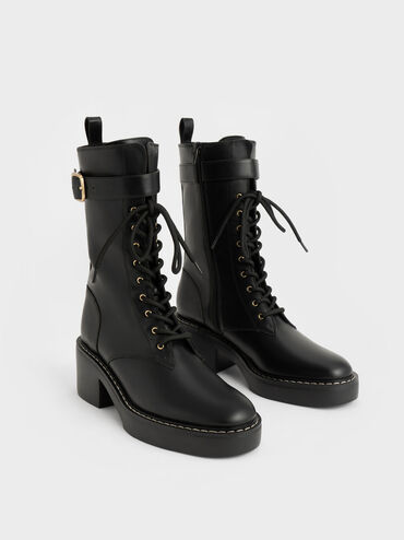 Buckled Lace-Up Platform Boots, Black, hi-res