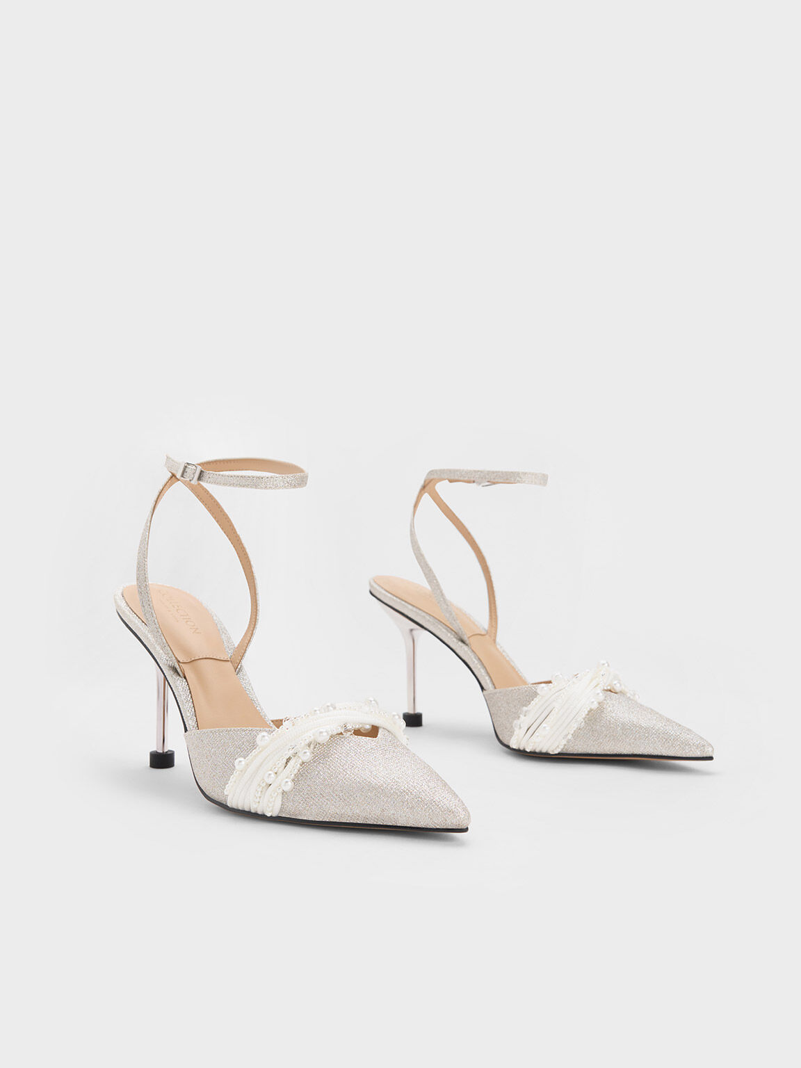 Beaded Glittered Ankle-Strap Pumps, Silver, hi-res