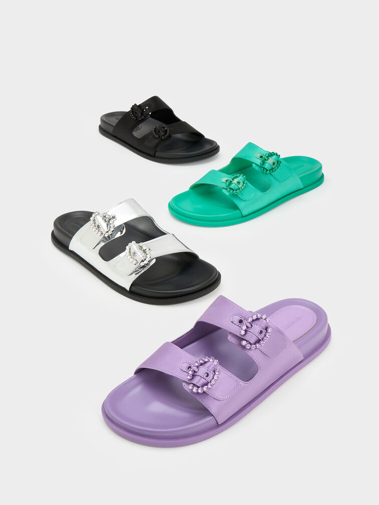 Embellished Buckle Recycled Polyester Sandals, Black, hi-res