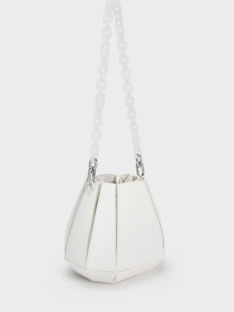 Geometric Structured Bucket Bag, White, hi-res