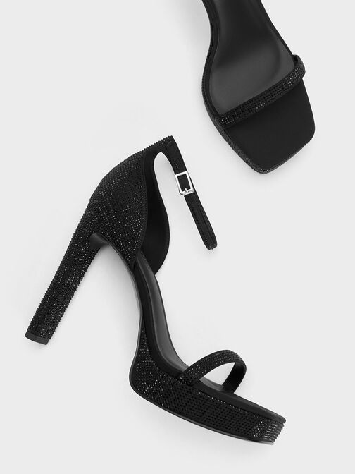 Crystal Ankle-Strap Platform Sandals, Black Textured, hi-res