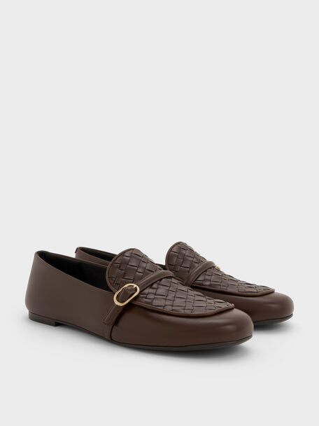 Woven Buckle-Strap Loafers, Dark Brown, hi-res
