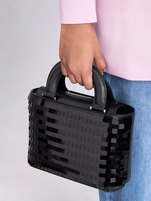 Sequinned Double Handle Tote Bag, Black, hi-res