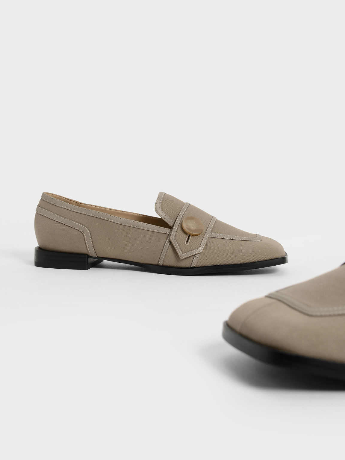 Button-Embellished Twill Loafers, Taupe, hi-res