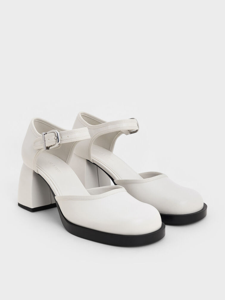 Block-Heel Ankle-Strap D'Orsay Pumps, White, hi-res