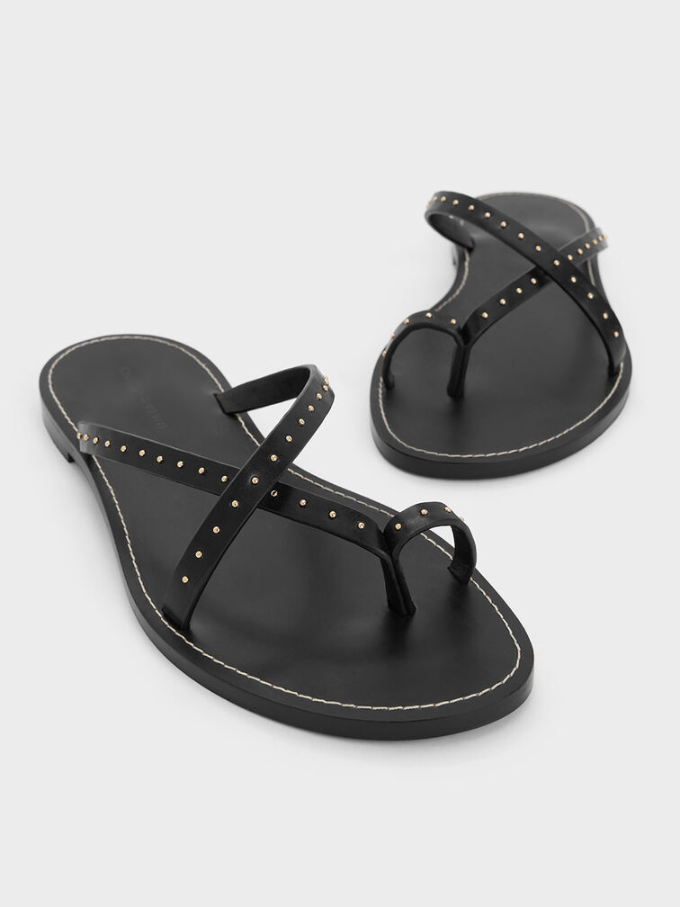 Sandálias com tiras assimétricas e tachas, Black, hi-res