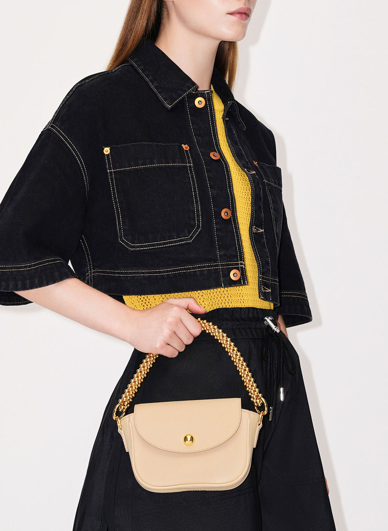 Beaded Metallic Handle Sculptural Bag, Sand, hi-res