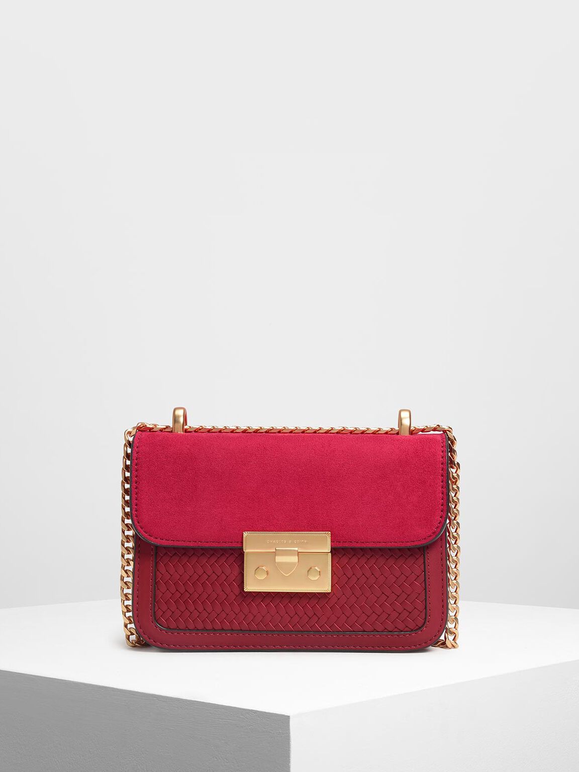 Push Lock Front Flap Bag, Red, hi-res