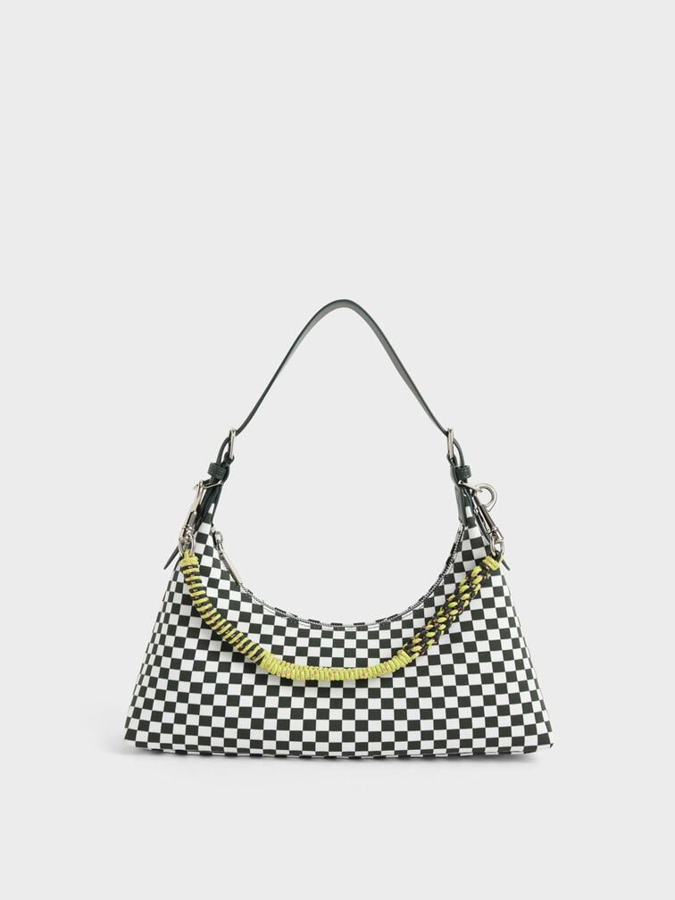 Coiled Handle Checkered Bag, Dark Green, hi-res