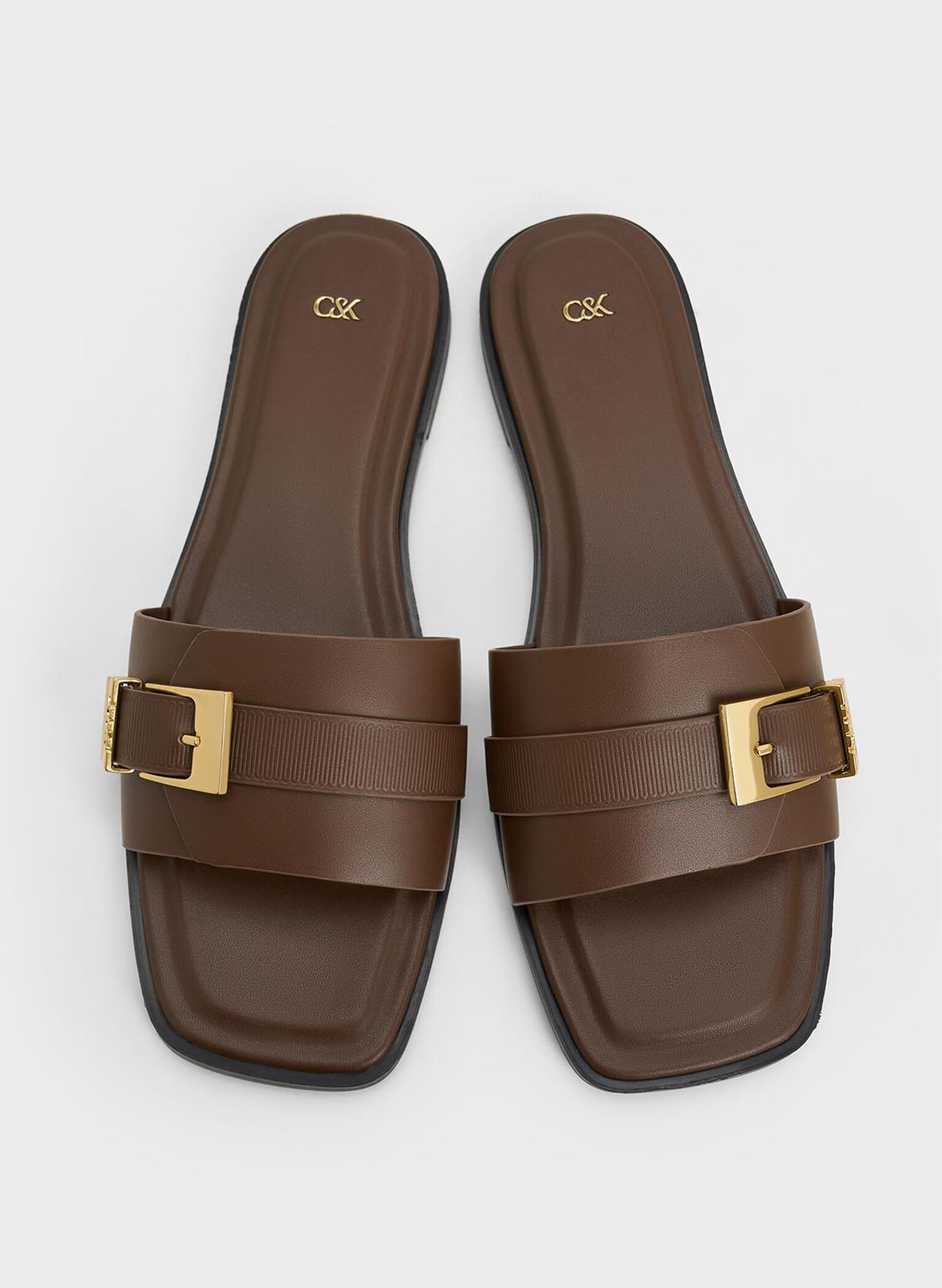 Leather Buckled Square-Toe Slide Sandals, Dark Brown, hi-res