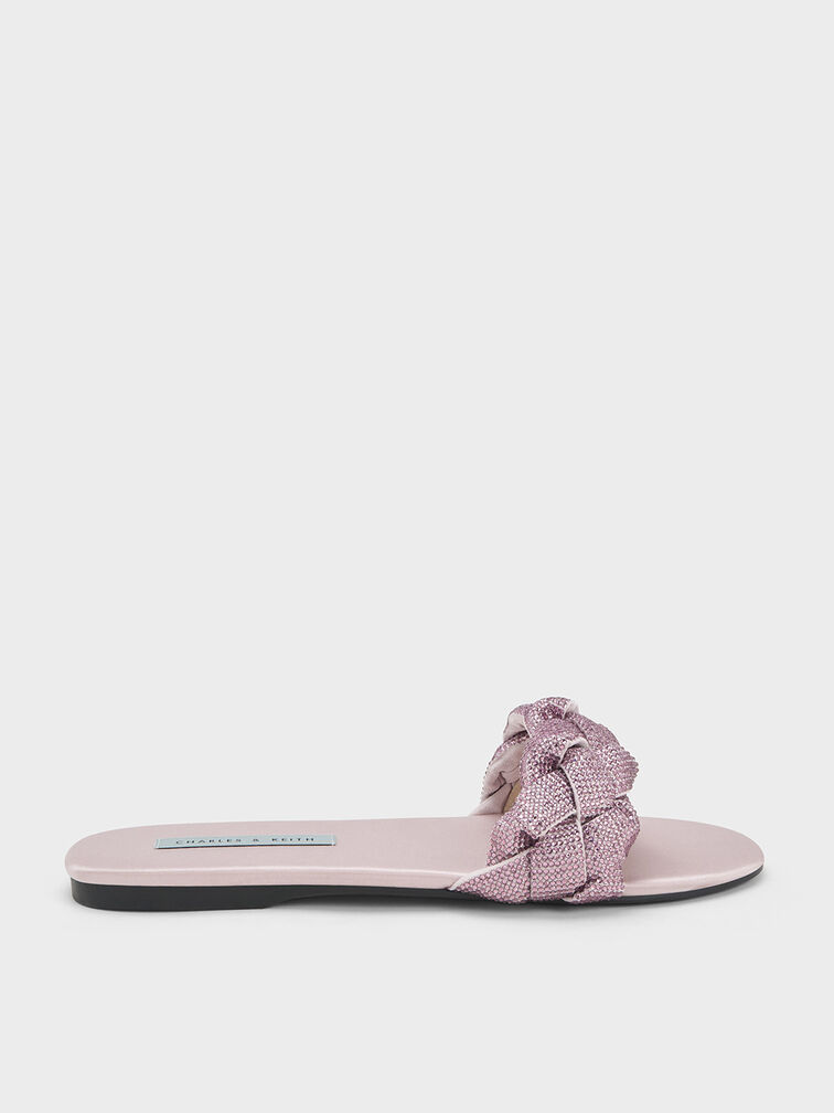 Gem-Embellished Braided Strap Slides, Lilac, hi-res