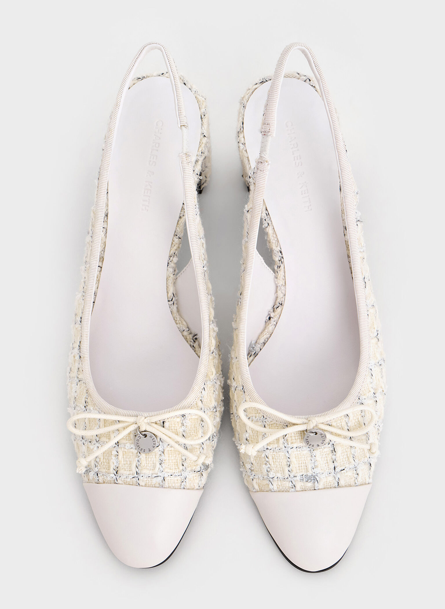Tweed Bow Cap-Toe Slingback Pumps, Multi, hi-res