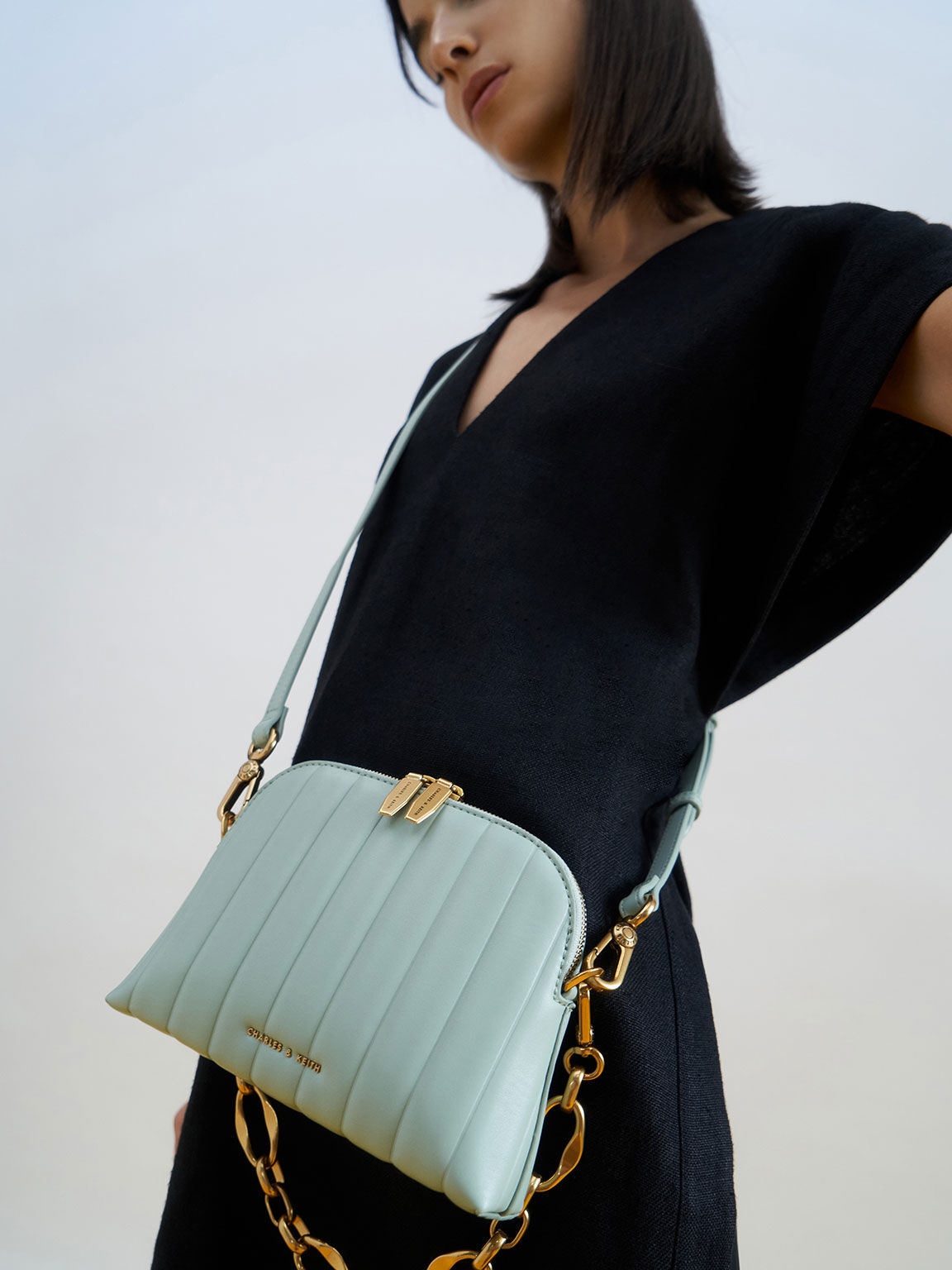 Chain Handle Panelled Crossbody Bag, Mint Green, hi-res