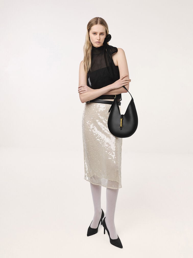 Bolso hobo Cesia con detalles metálicos, Negro, hi-res