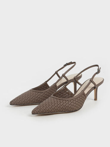 Woven Slingback Pumps, Brown, hi-res