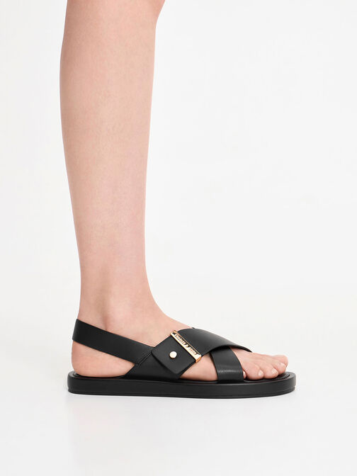 Crossover Back Strap Sandals, Black, hi-res