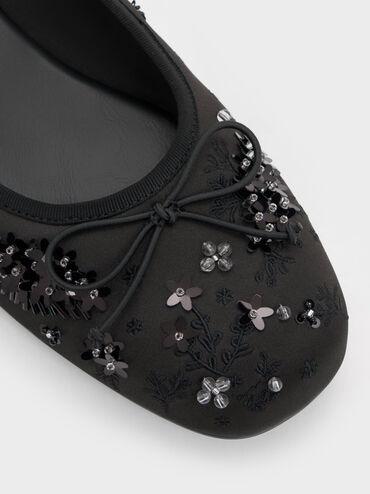 Sadira Satin Embroidered Sequinned Mary Jane Flats, Black Textured, hi-res