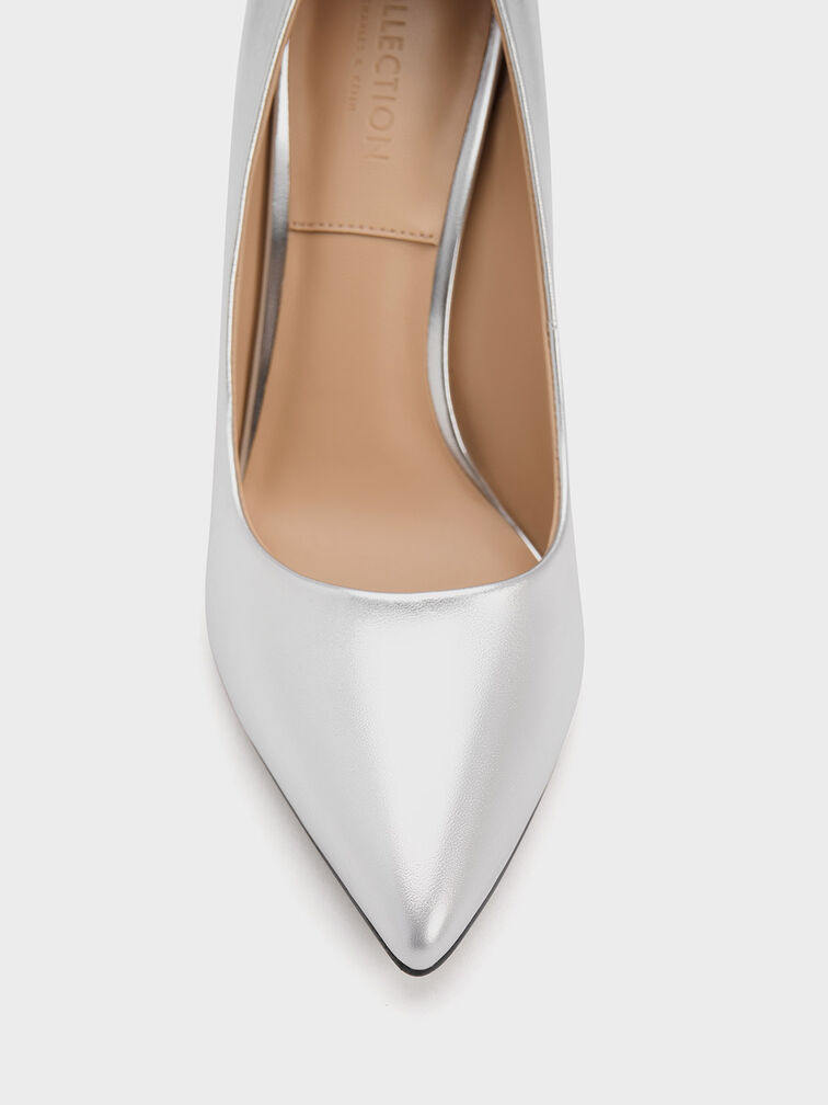 Metallic Leather Flared Heel Pumps, Silver, hi-res