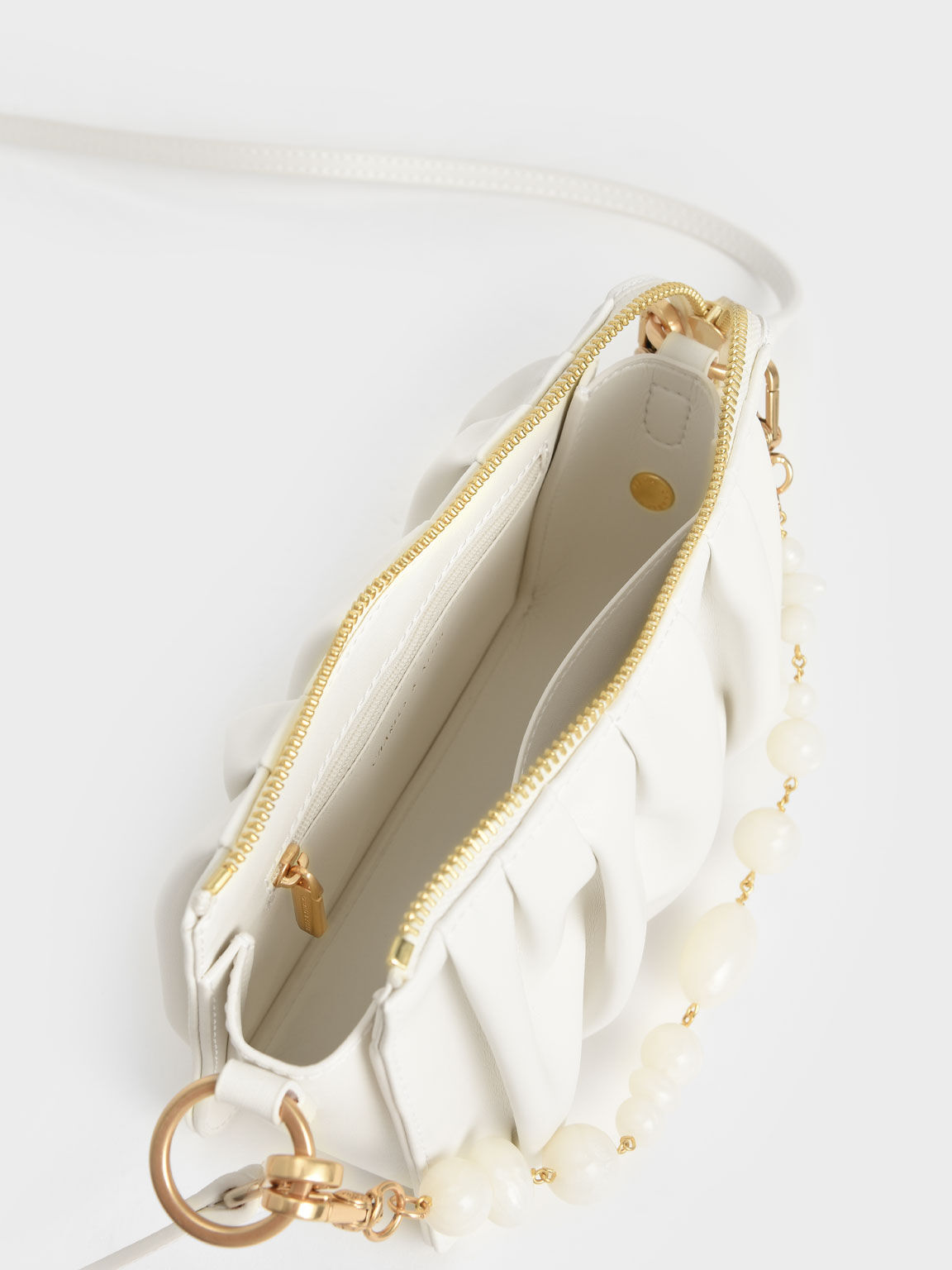 Beaded Strap Ruched Shoulder Bag, White, hi-res