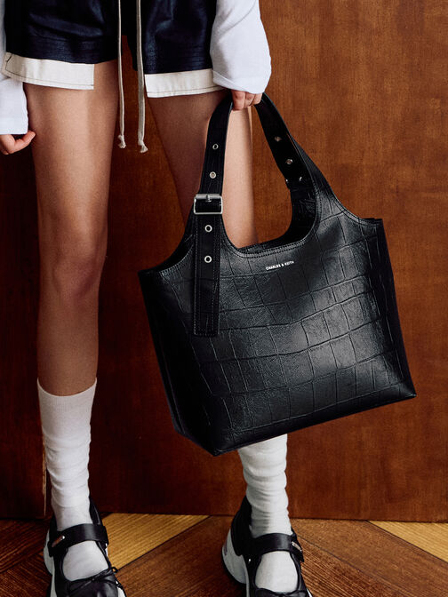 Liv Croc-Effect Tote Bag, Noir, hi-res