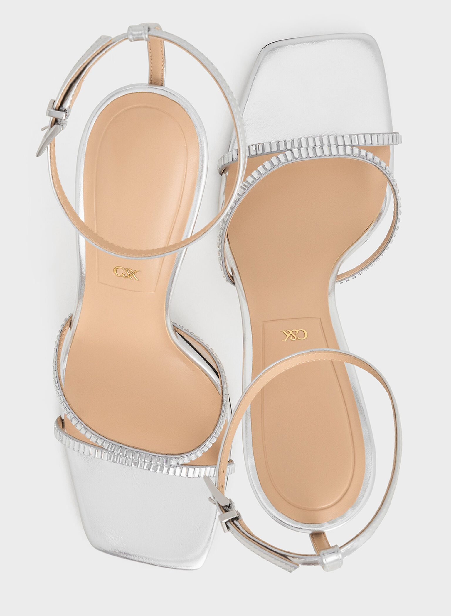 Metallic Leather & Satin Crystal-Embellished Ankle-Strap Sandals, Silver, hi-res