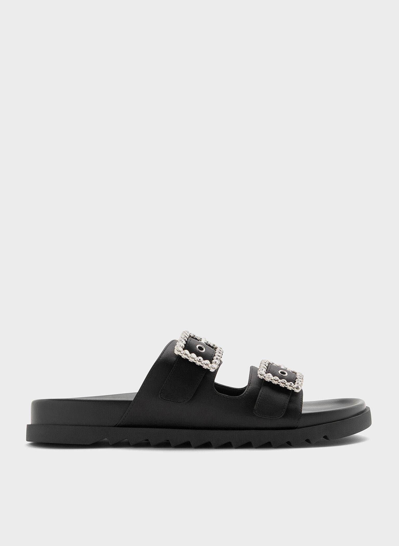 Sandalias de poliéster reciclado de doble tira y hebilla con gemas, Negro texturizado, hi-res
