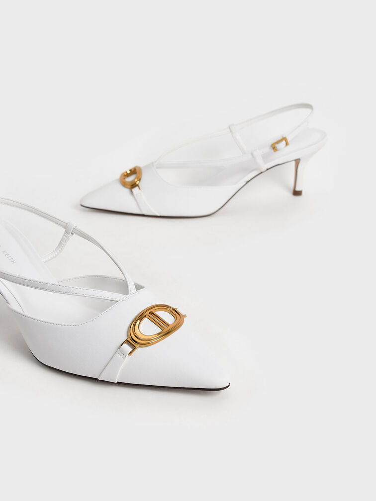 Metallic Accent Slingback Pumps, White, hi-res