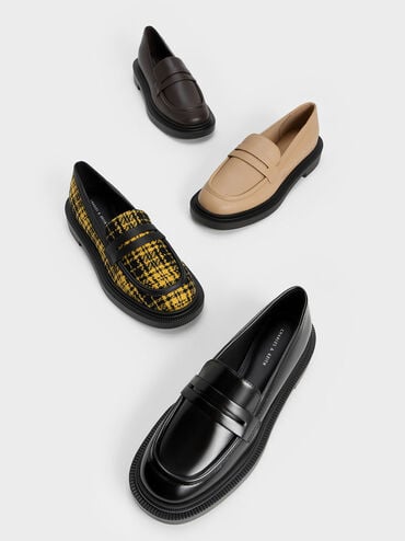 格紋厚底樂福鞋, 黃色, hi-res