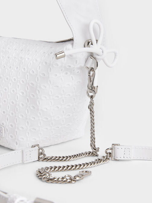 Bolso con asa superior fruncida de cuero y encaje, Blanco, hi-res