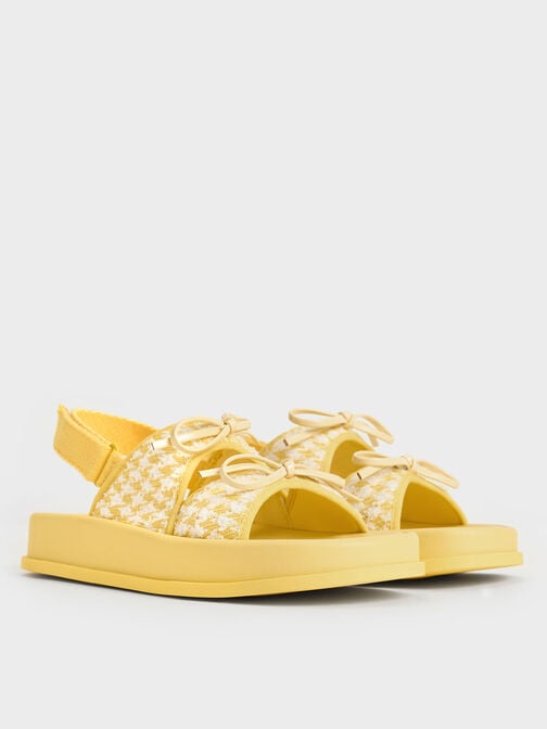 Girls' Houndstooth Double Bow Sandals, Yellow, hi-res