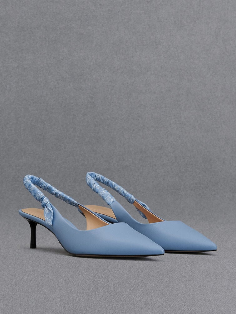 Leather Ruched-Strap Slingback Pumps, Light Blue, hi-res