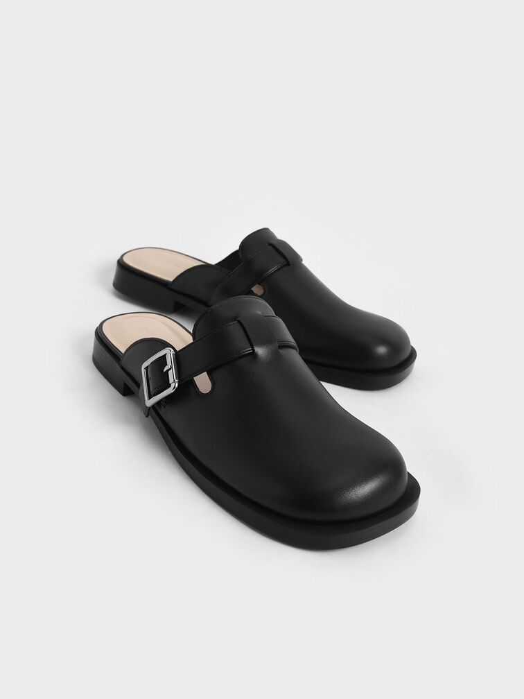 Buckled Round-Toe Loafer Mules, Black, hi-res