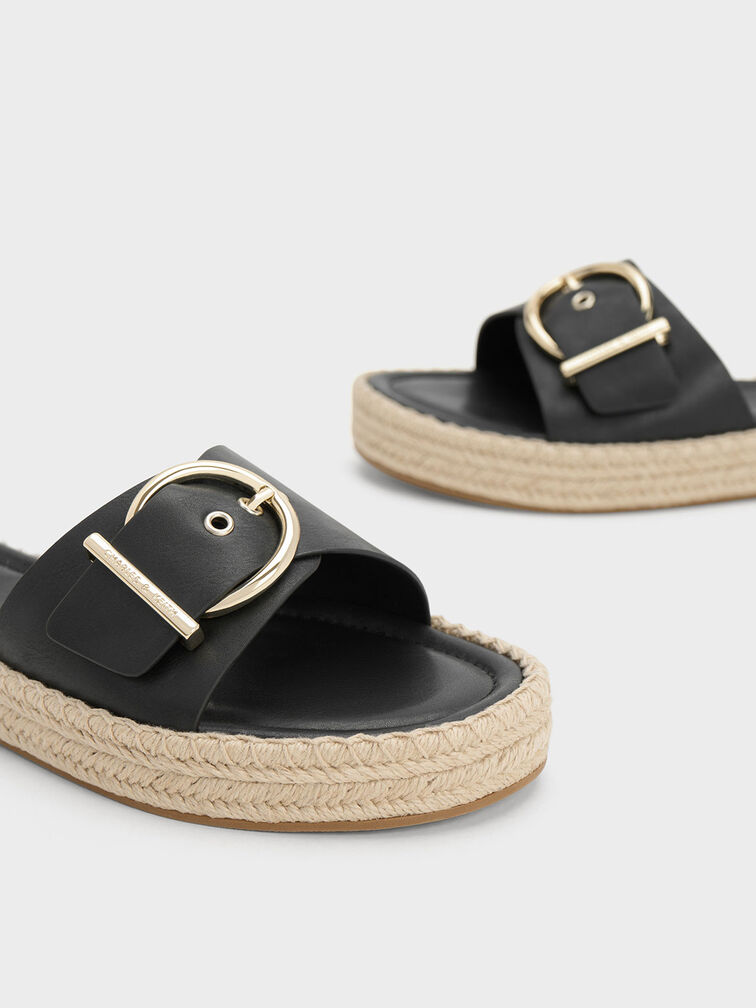 Buckled Espadrille Flat Sandals, Black, hi-res