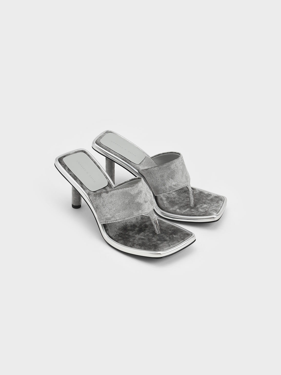 Holiday 2021 Collection: Etta Velvet Heeled Thong Sandals​, Light Grey, hi-res