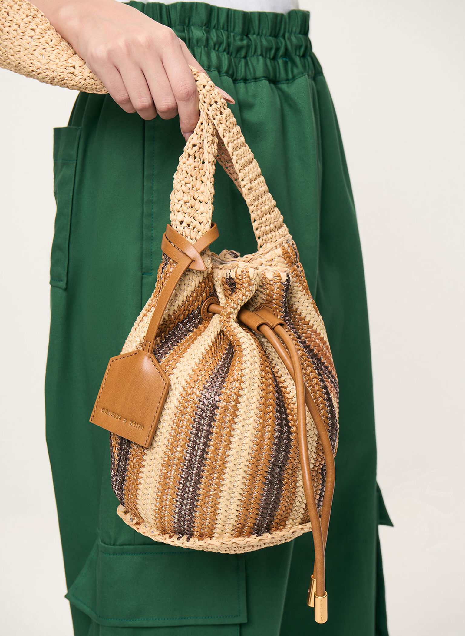 Clarissa Raffia Drawstring Shoulder Bag, Brown, hi-res