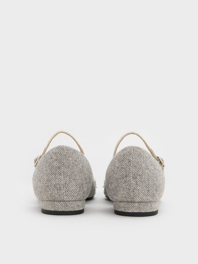 Twill Bead-Flower Pointed-Toe D'Orsay Mary Jane Flats, Grey, hi-res
