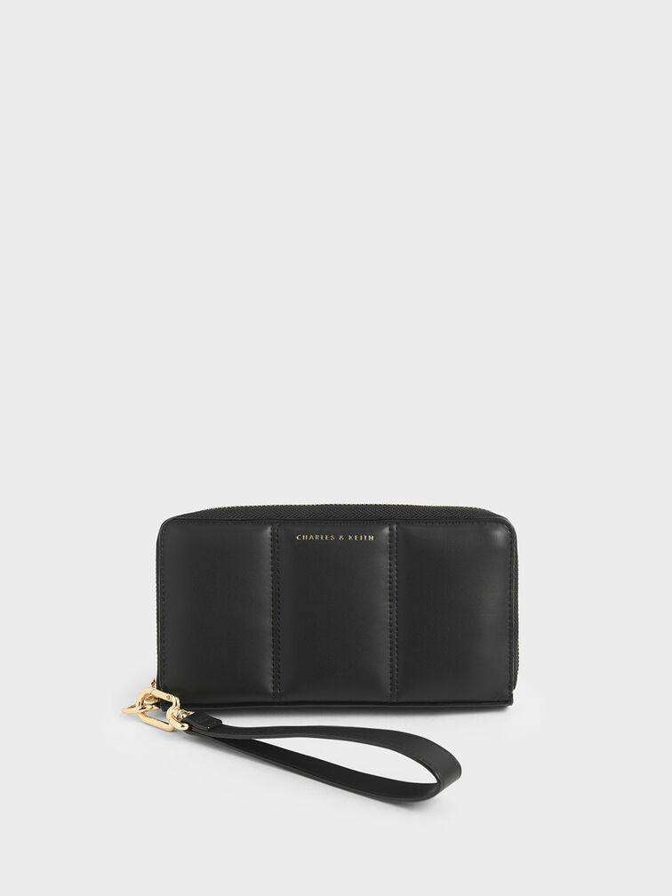 Mini Zip Around Quilted Tassel Wallet, Black, hi-res