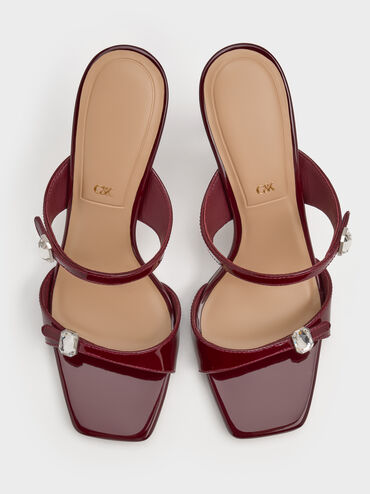 Patent Leather Gem-Buckle Double-Strap Heeled Sandals, Burgundy, hi-res