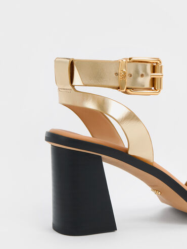 Metallic Leather Ankle-Strap Block-Heel Sandals, Dorado, hi-res