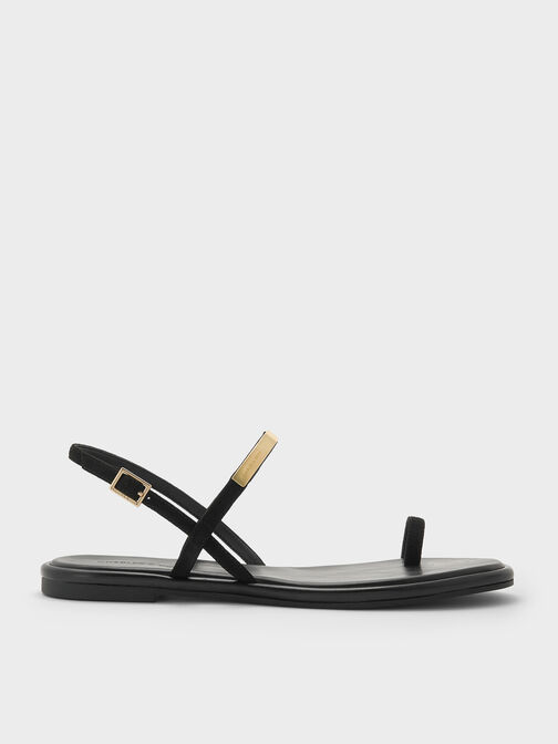 Faux Suede Metallic-Accent Toe-Ring Slingback Sandals, Black Textured, hi-res
