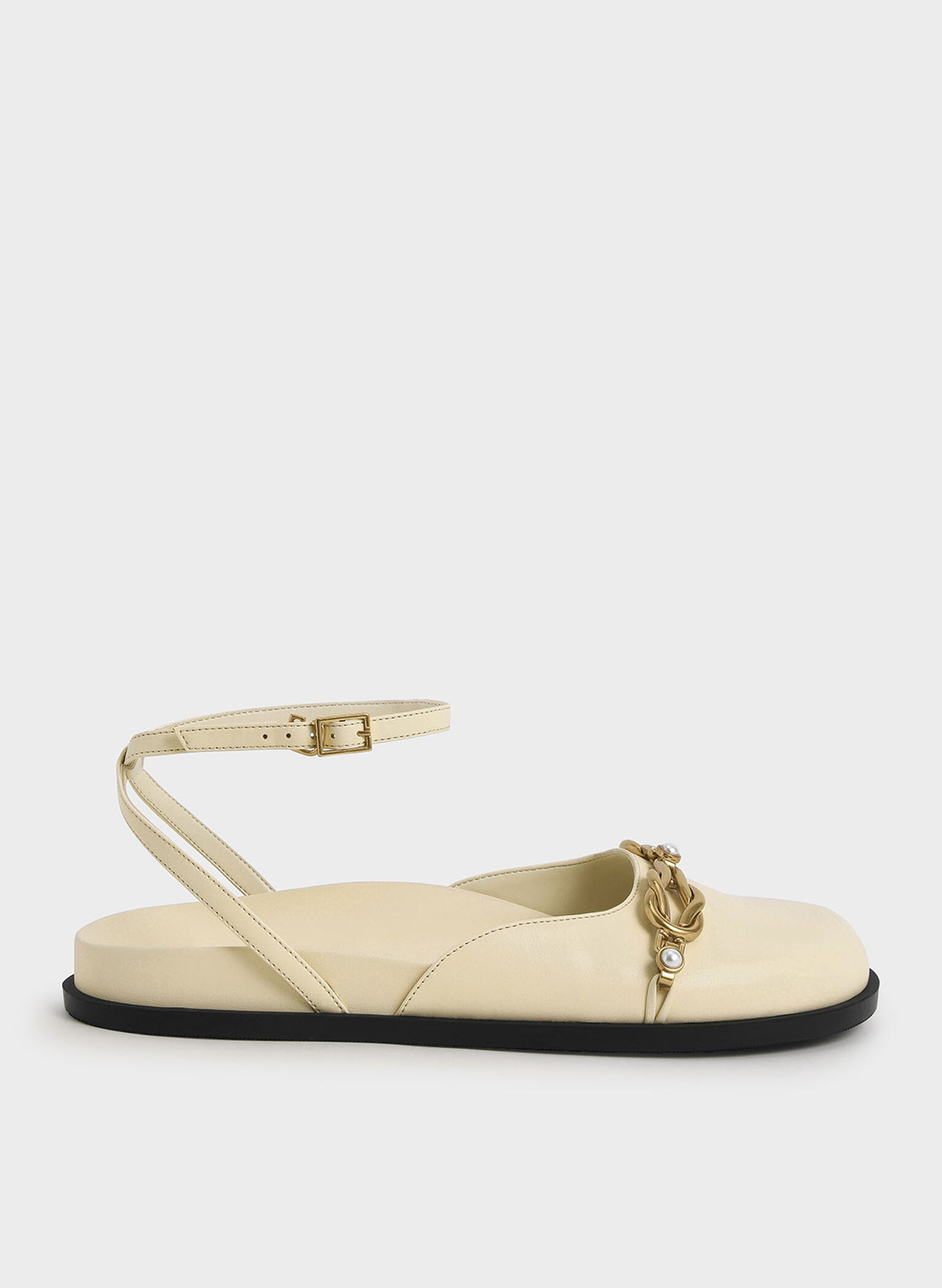 Beaded Chain-Link Ankle Strap Flats, Chalk, hi-res