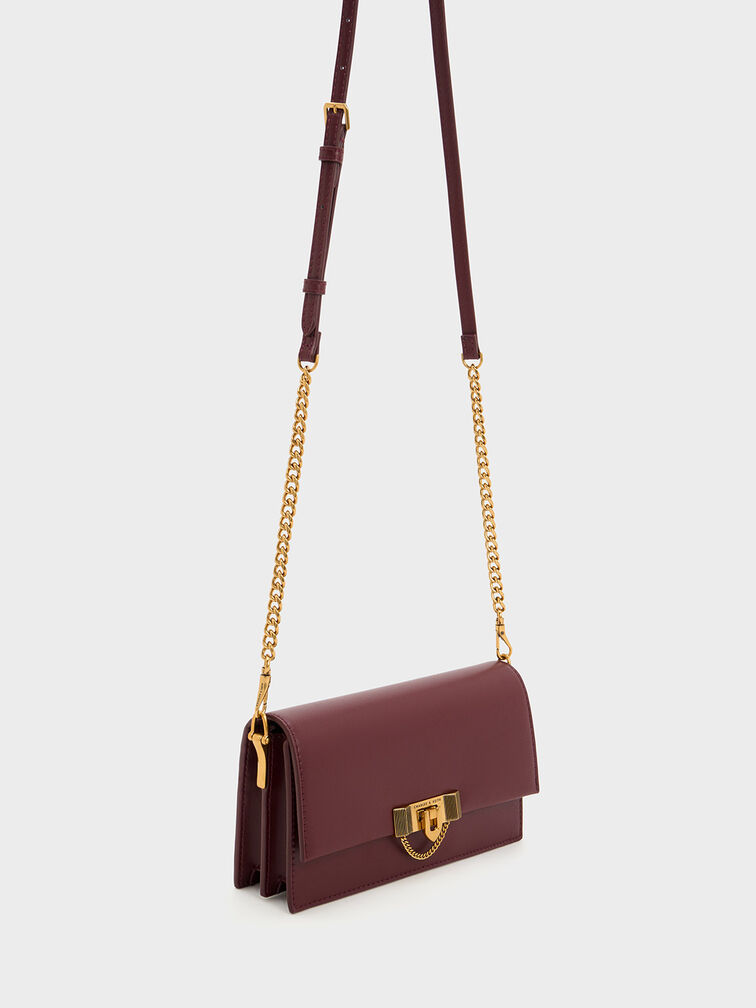 Chain Strap Push-Lock Shoulder Bag, Burgundy, hi-res