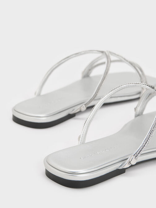 Metallic Braided Strappy Sandals, Silver, hi-res