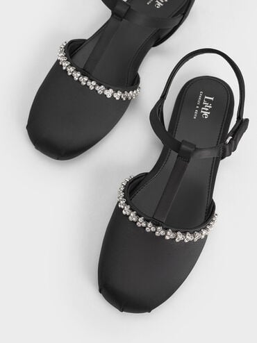 兒童水晶T字平底鞋, 黑色特別款, hi-res