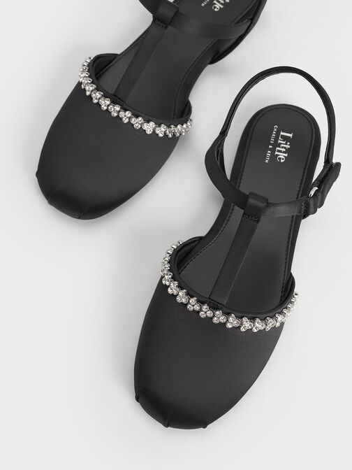 Zapatos planos de satín con tira T y pedrería para niña, Negro texturizado, hi-res