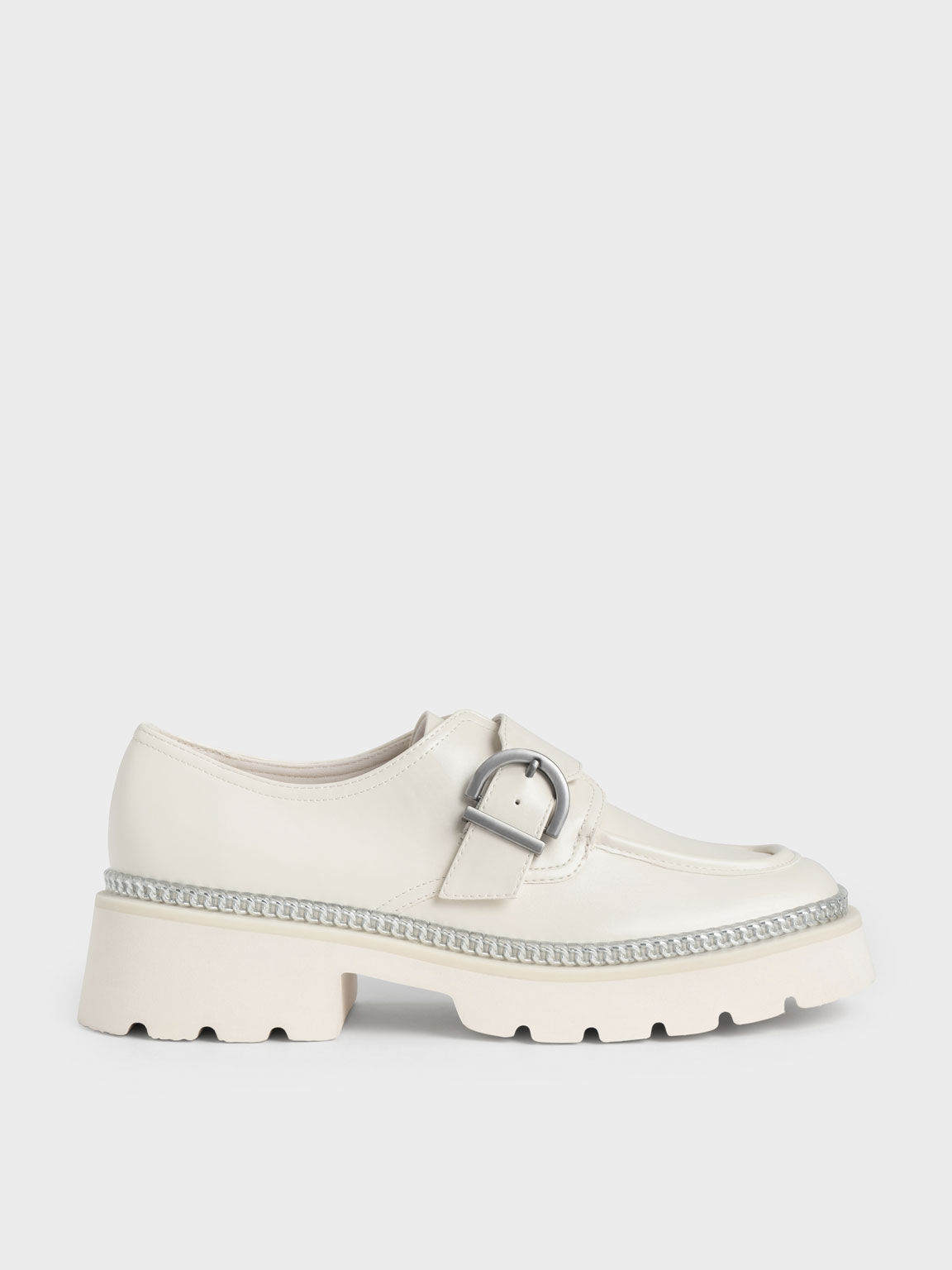 Buckled Chain-Trim Loafers, Chalk, hi-res