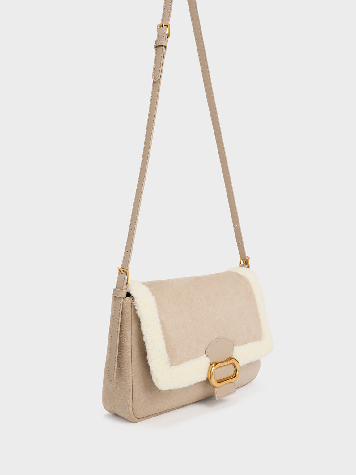 Daki Fur-Trim Belted Trapeze Bag, Beige, hi-res
