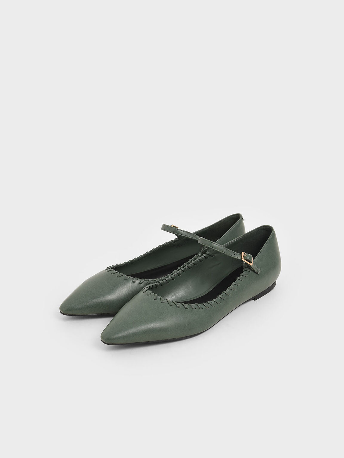編織尖頭平底鞋, 綠色, hi-res