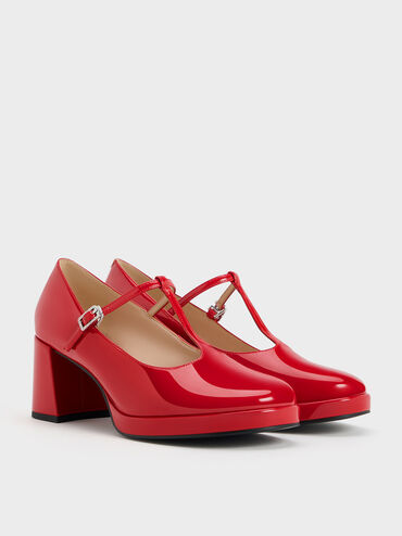 Crystal-Buckle T-Bar Mary Jane Pumps, Red, hi-res