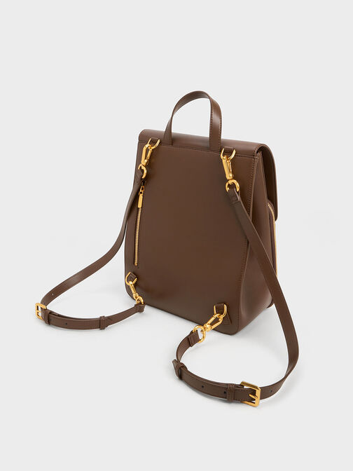 Front Flap Structured Backpack, Dark Brown, hi-res